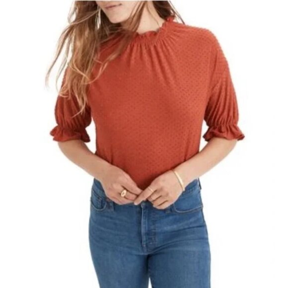 Madewell Red Clipdot Ruffle Mock Neck Half-Sleeve Dainty Blouse Size XS - Picture 4 of 10